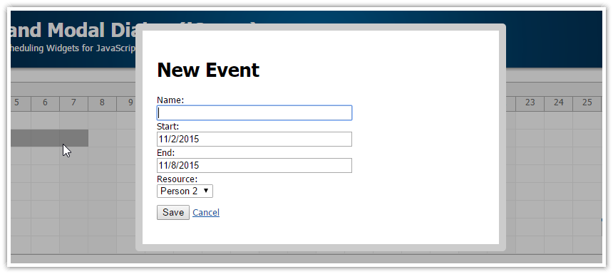 html5 scheduler javascript new event modal dialog