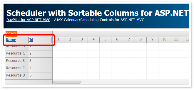 scheduler sortable columns asp.net mvc 5