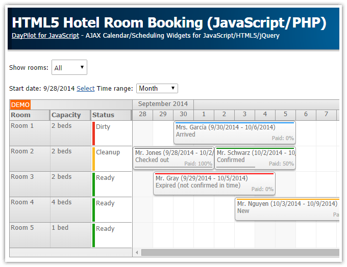 html5 hotel room booking javascript php