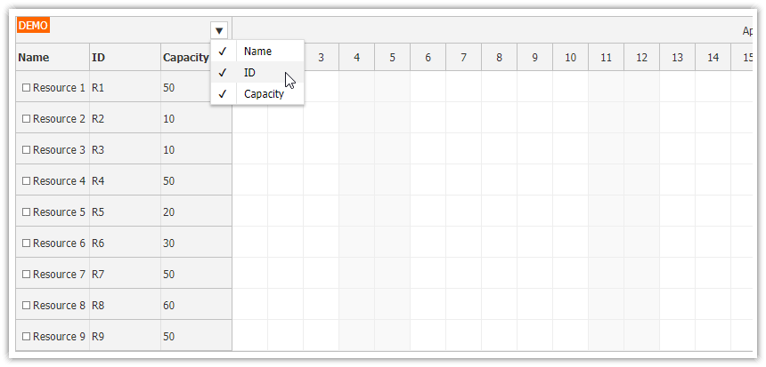 javascript scheduler show hide columns context menu