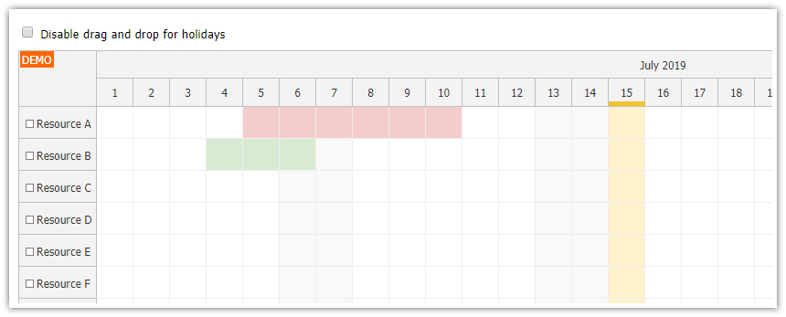 javascript scheduler displaying holidays
