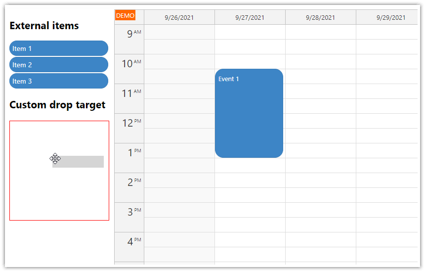 javascript calendar custom drop target for external items