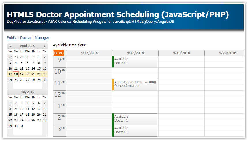 html5 doctor appointment scheduling javascript php