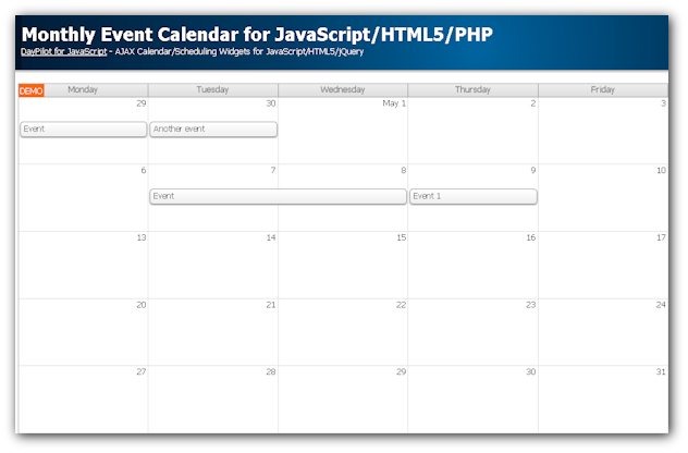 monthly event calendar javascript html5