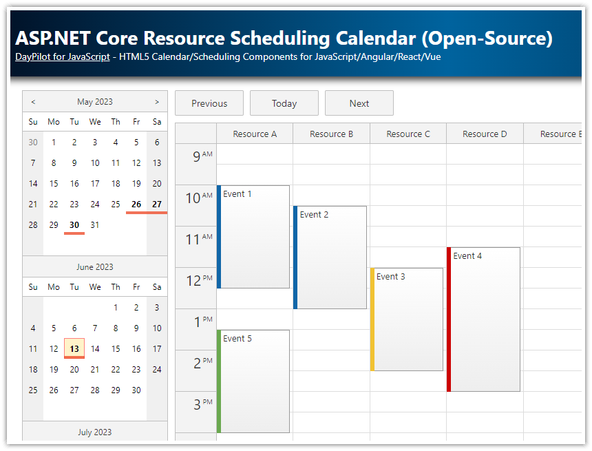asp.net core resource scheduling calendar open source
