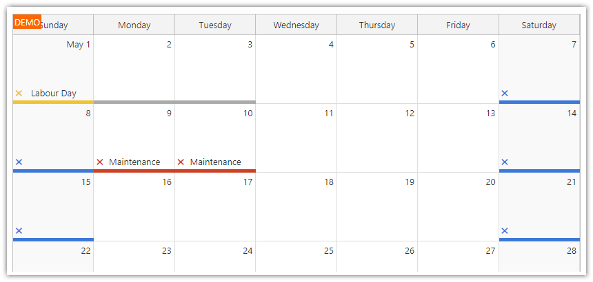 javascript monthly calendar how to disable selected days