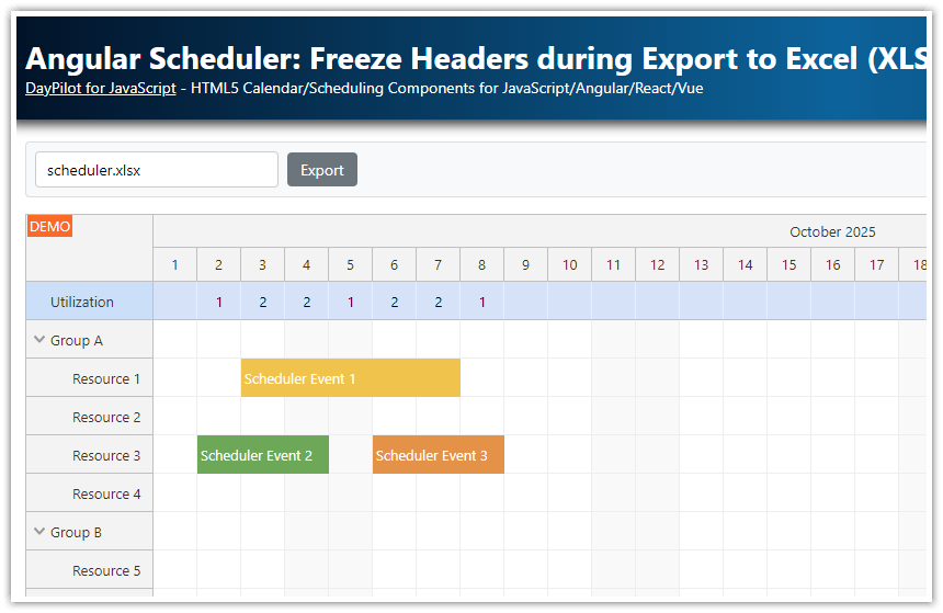 Angular Scheduler Freeze Headers during Export to Excel (XLSX) Angular Scheduler Freeze Headers during Export to Excel (XLSX)