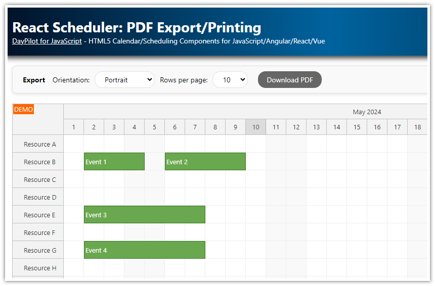react scheduler pdf export printing