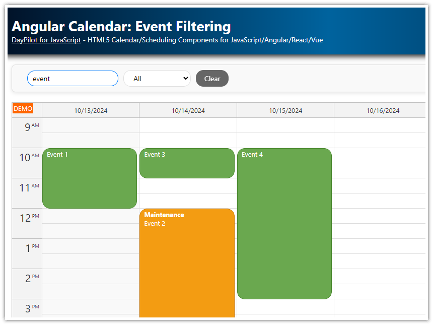 angular calendar event filtering