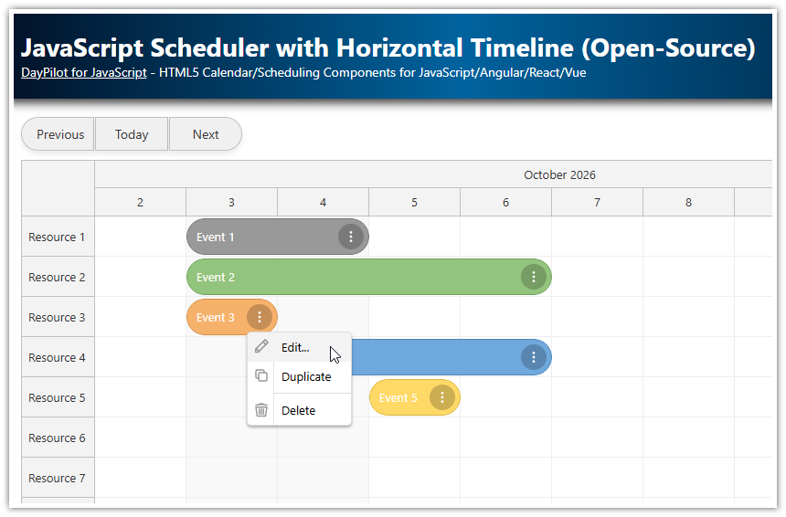 JavaScript Scheduler with Horizontal Timeline (Open Source) JavaScript Scheduler with Horizontal Timeline (Open Source)