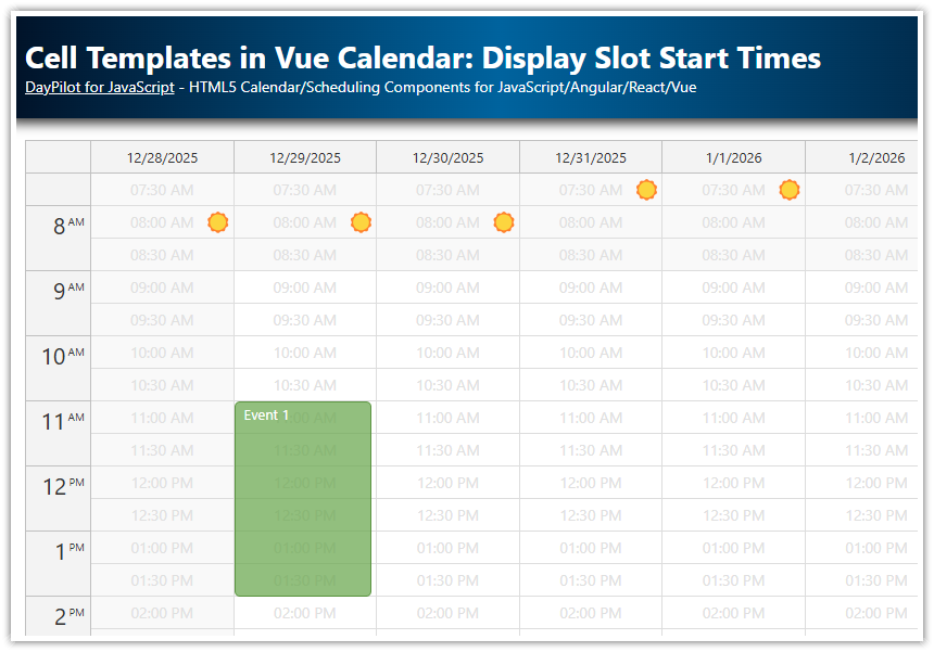 Cell Templates in Vue Calendar Display Slot Start Times, Sunrise and Sunset (Open Source) Cell Templates in Vue Calendar Display Slot Start Times, Sunrise and Sunset (Open Source)