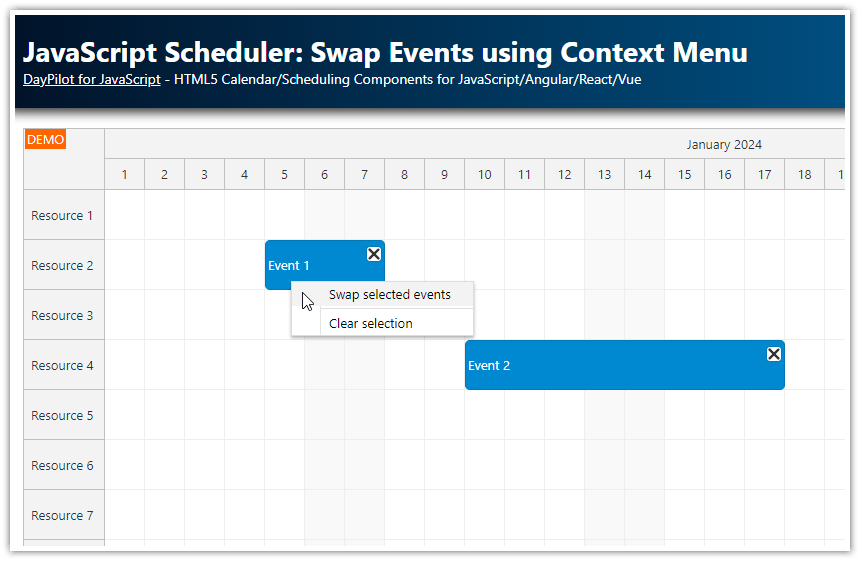 JavaScript Scheduler Swap Events using Context Menu JavaScript Scheduler Swap Events using Context Menu