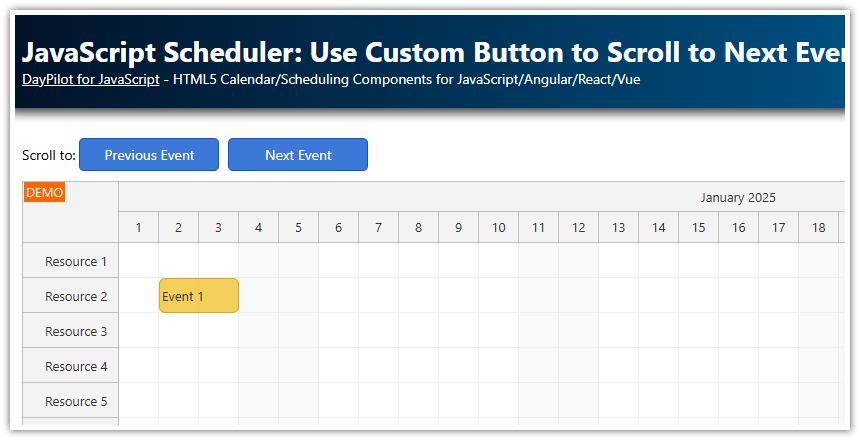JavaScript Scheduler Use Custom Button to Scroll to Next Event JavaScript Scheduler Use Custom Button to Scroll to Next Event